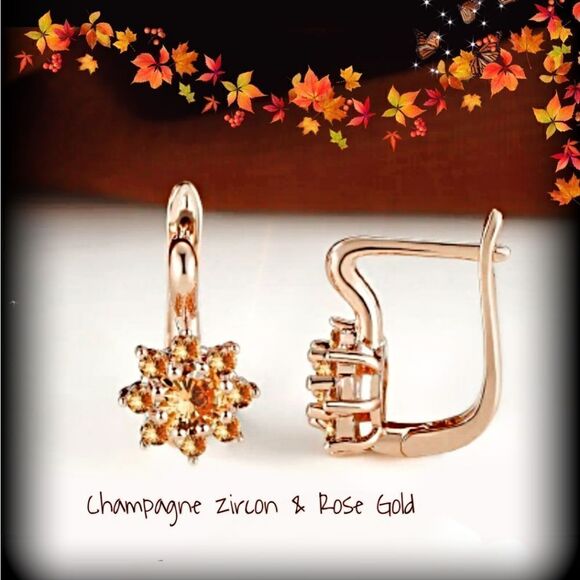 18K Rose Gold on 925 Silver Champagne Diamond Earrings Latch Back Closure - Picture 1 of 4